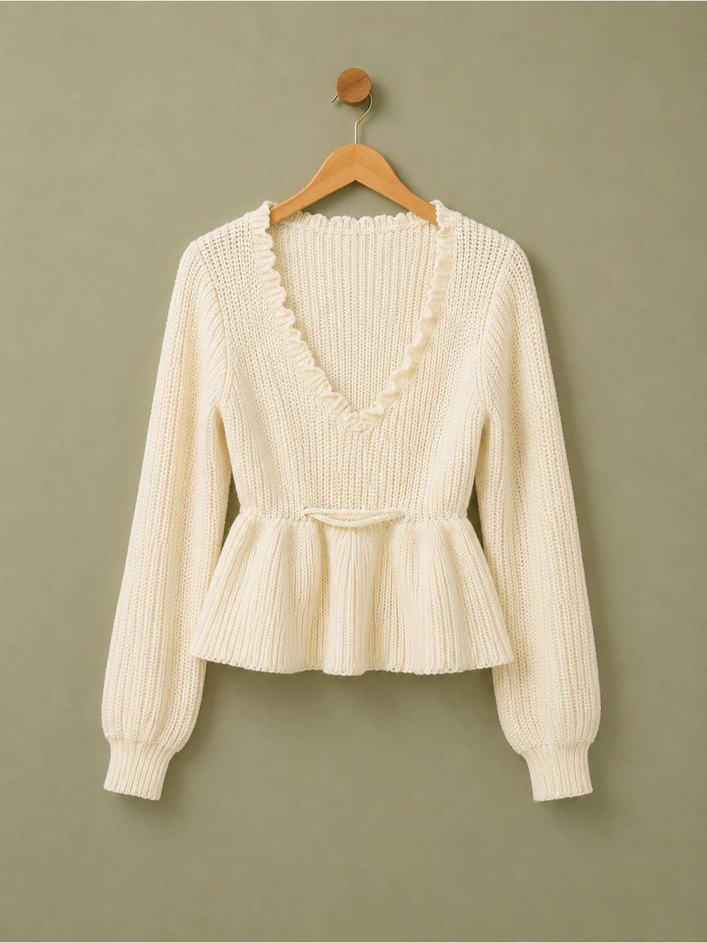 Cream Peplum V-Neck Knit Sweater